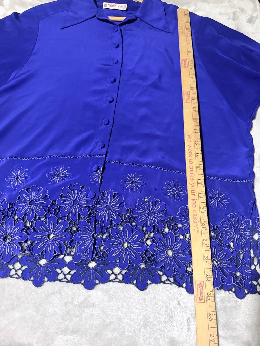 Vintage Ester Ken Paris Button-Down Blouse with Floral Lace Hem in Royal Blue - Picture 6 of 9